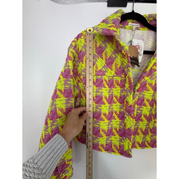 Main Strip Tweed Jacket Women S Neon Yellow Pink Houndstooth Cropped Maximalist - Picture 9 of 10